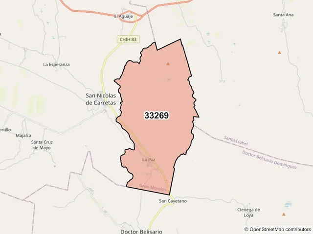 Mapa del código postal 33269, Gran Morelos, Chihuahua