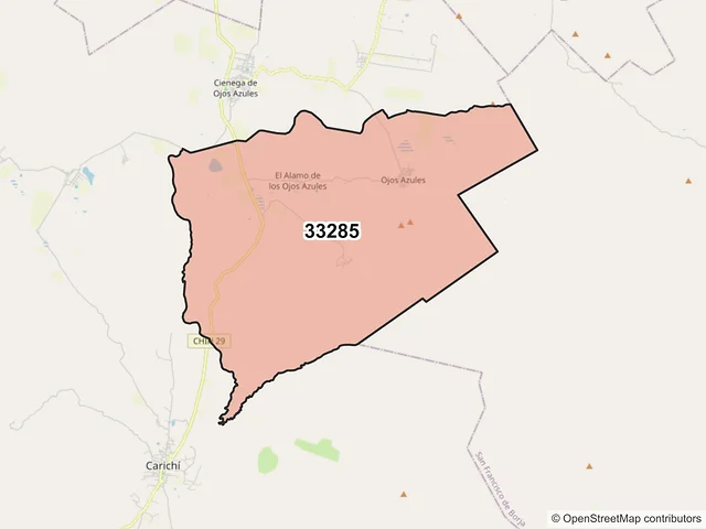 Mapa del código postal 33285, Carichí, Chihuahua