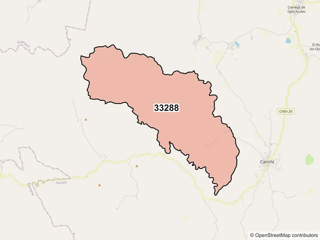 Mapa del código postal 33288, Carichí, Chihuahua