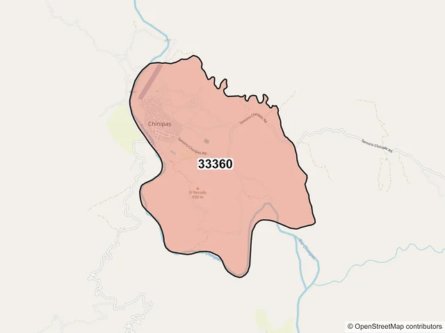 Mapa del código postal 33360, Chínipas, Chihuahua