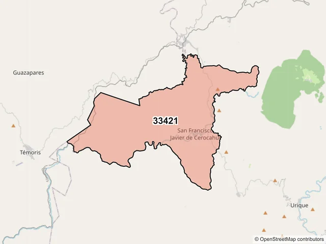 Mapa del código postal 33421, Urique, Chihuahua