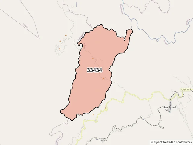 Mapa del código postal 33434, Urique, Chihuahua