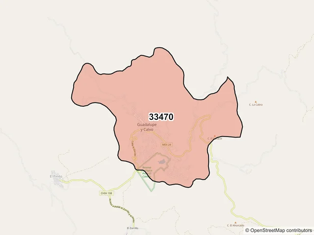 Mapa del código postal 33470, Guadalupe y Calvo, Chihuahua