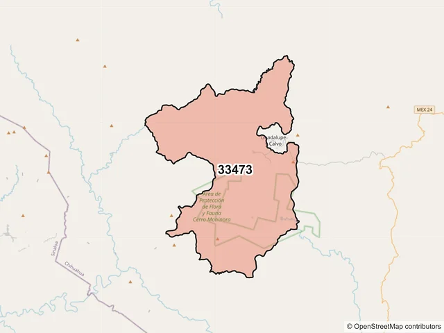 Mapa del código postal 33473, Guadalupe y Calvo, Chihuahua