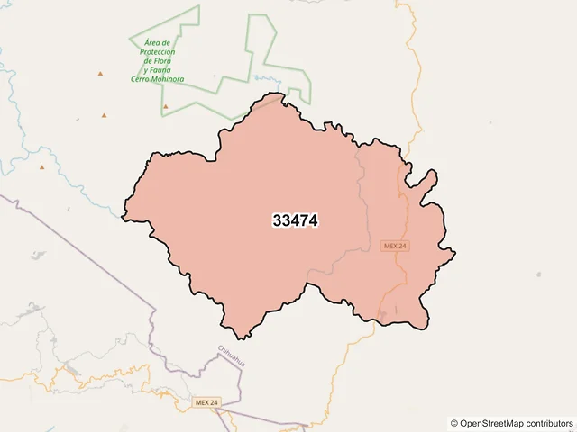 Mapa del código postal 33474, Guadalupe y Calvo, Chihuahua