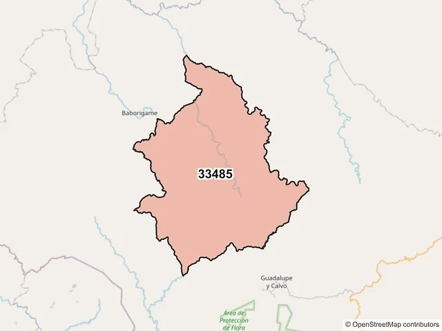 Mapa del código postal 33485, Guadalupe y Calvo, Chihuahua