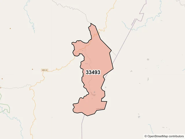 Mapa del código postal 33493, Guadalupe y Calvo, Chihuahua
