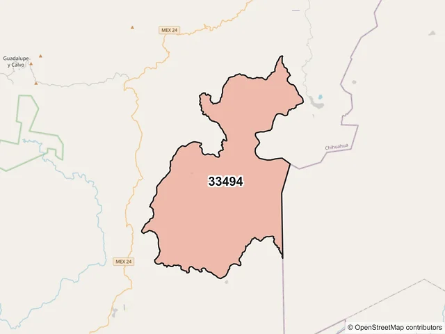 Mapa del código postal 33494, Guadalupe y Calvo, Chihuahua