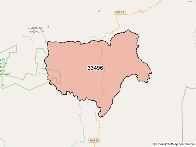 Mapa del código postal 33496, Guadalupe y Calvo, Chihuahua