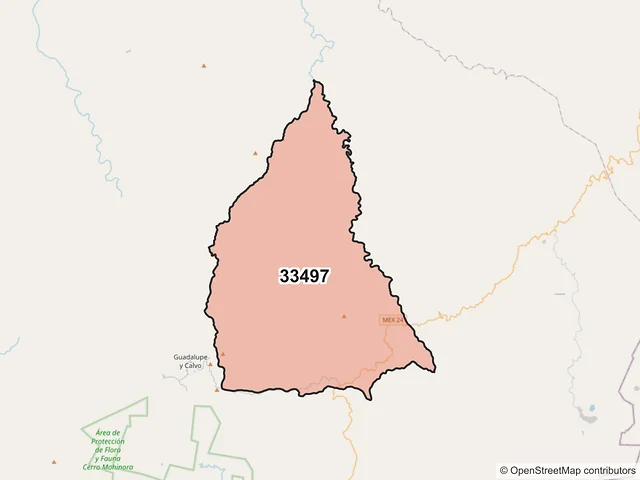 Mapa del código postal 33497, Guadalupe y Calvo, Chihuahua