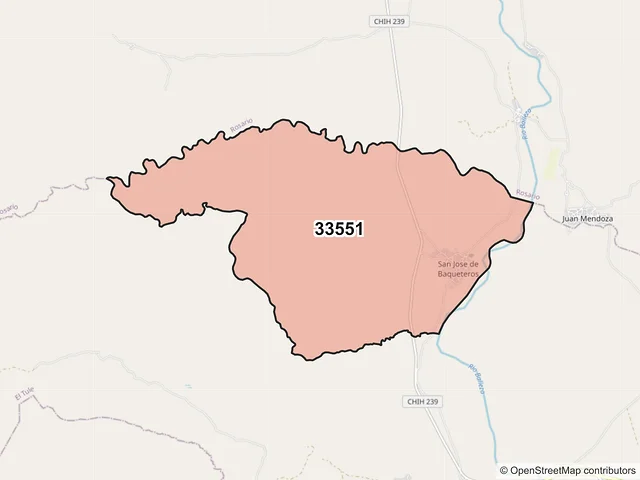 Mapa del código postal 33551, El Tule, Chihuahua