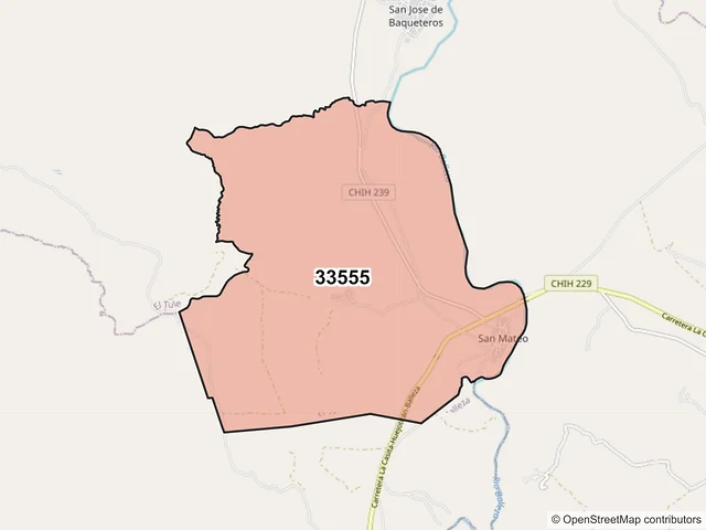 Mapa del código postal 33555, El Tule, Chihuahua