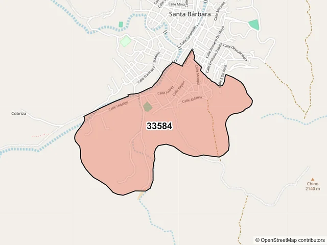 Mapa del código postal 33584, Santa Bárbara, Chihuahua