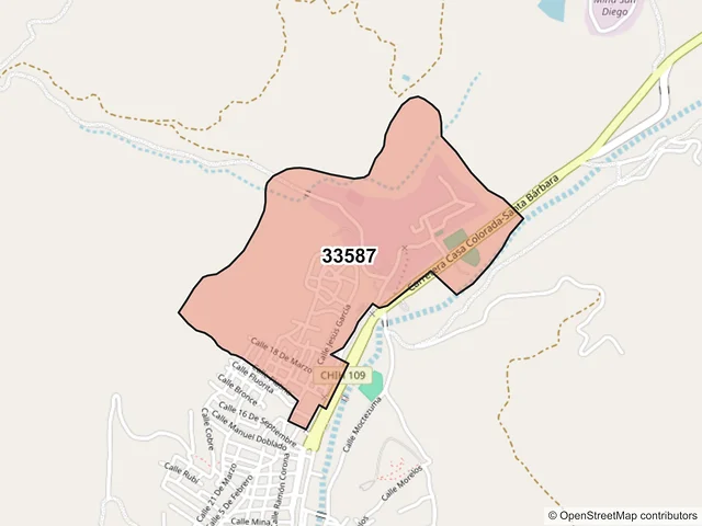 Mapa del código postal 33587, Santa Bárbara, Chihuahua
