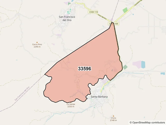 Mapa del código postal 33596, Santa Bárbara, Chihuahua