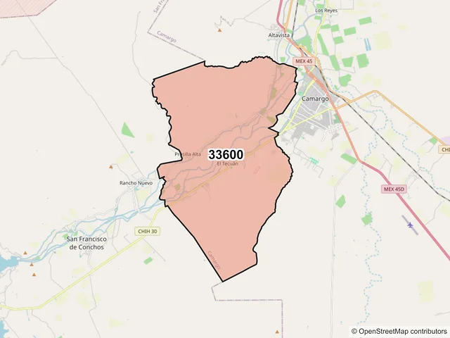 Mapa del código postal 33600, Camargo, Chihuahua