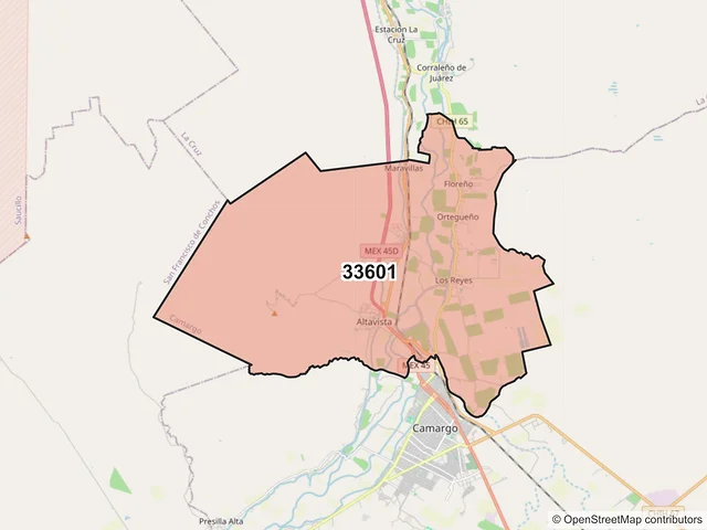 Mapa del código postal 33601, Camargo, Chihuahua