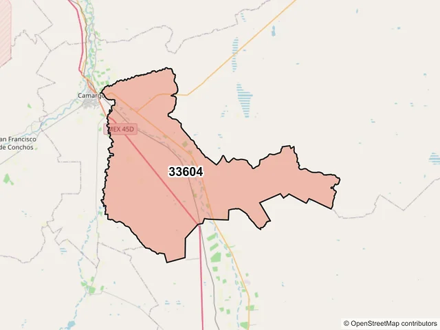 Mapa del código postal 33604, Camargo, Chihuahua