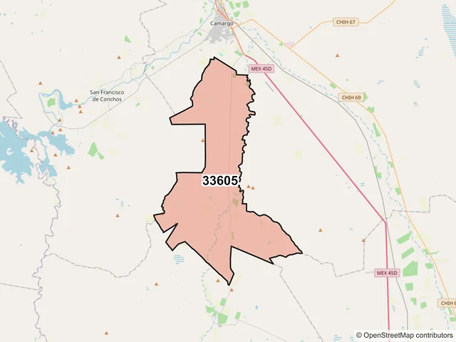 Mapa del código postal 33605, Camargo, Chihuahua