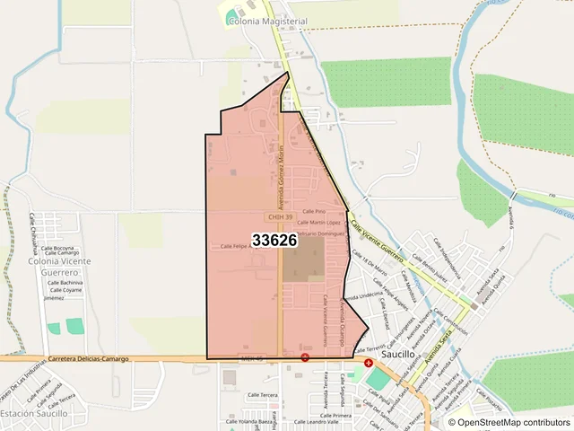 Mapa del código postal 33626, Saucillo, Chihuahua