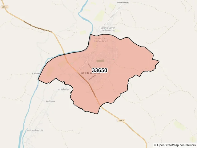 Mapa del código postal 33650, Valle de Zaragoza, Chihuahua