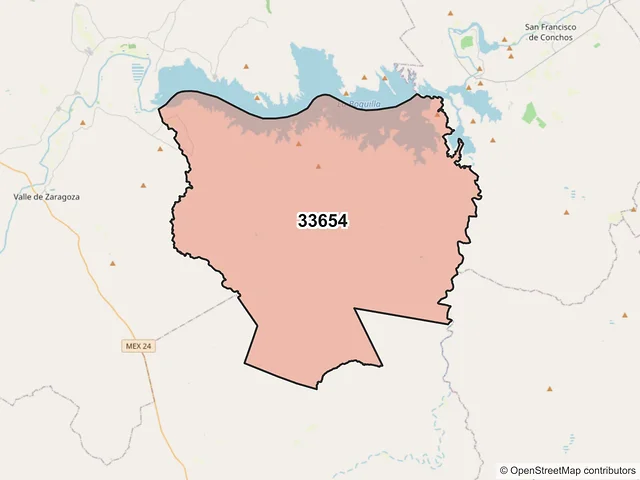 Mapa del código postal 33654, Valle de Zaragoza, Chihuahua