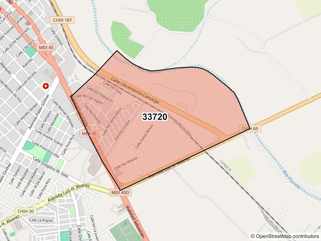 Mapa del código postal 33720, Camargo, Chihuahua