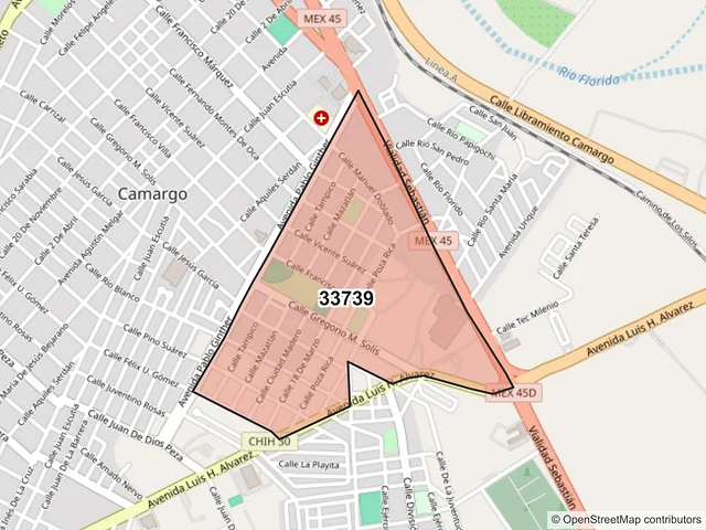 Mapa del código postal 33739, Camargo, Chihuahua