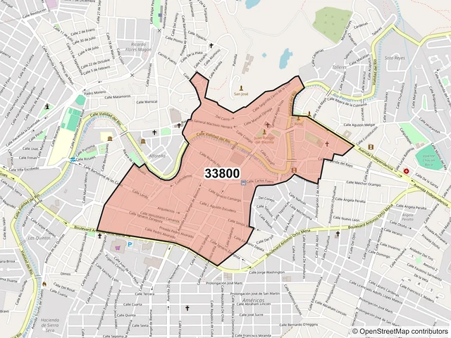 Mapa del código postal 33800, Hidalgo del Parral, Chihuahua