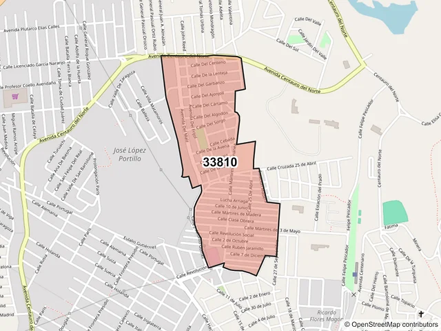 Mapa del código postal 33810, Hidalgo del Parral, Chihuahua