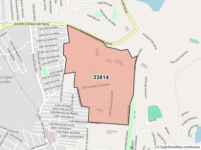 Mapa del código postal 33814, Hidalgo del Parral, Chihuahua