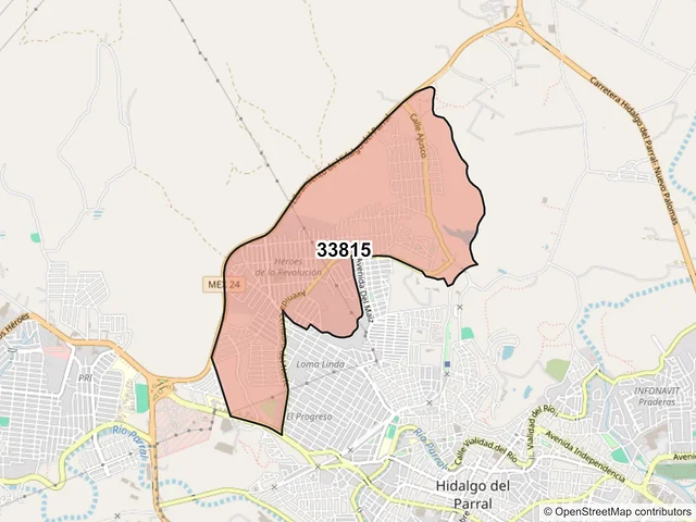 Mapa del código postal 33815, Hidalgo del Parral, Chihuahua