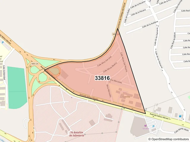 Mapa del código postal 33816, Hidalgo del Parral, Chihuahua
