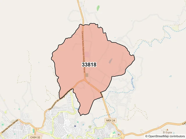 Mapa del código postal 33818, Hidalgo del Parral, Chihuahua