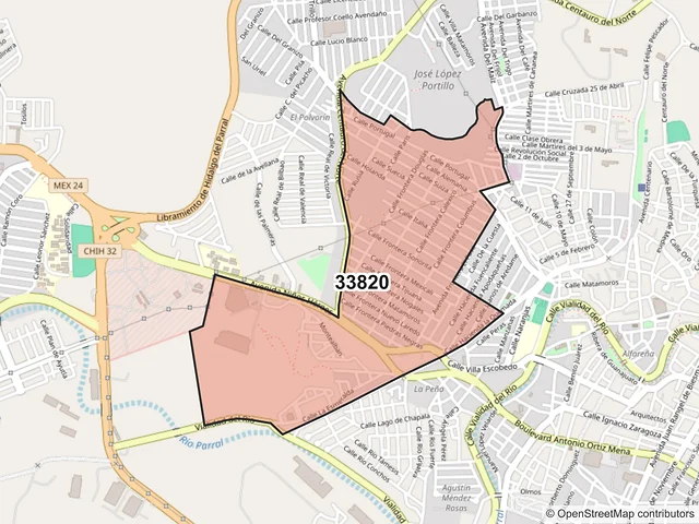 Mapa del código postal 33820, Hidalgo del Parral, Chihuahua