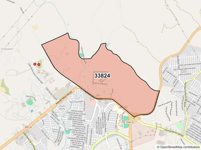 Mapa del código postal 33824, Hidalgo del Parral, Chihuahua