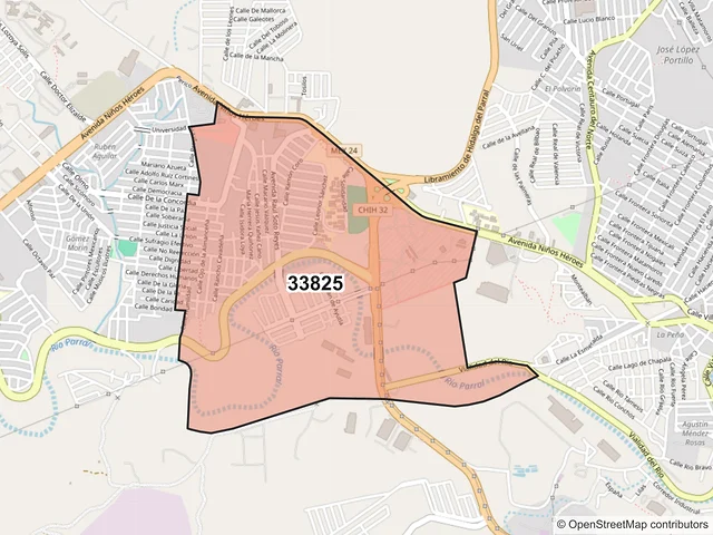 Mapa del código postal 33825, Hidalgo del Parral, Chihuahua