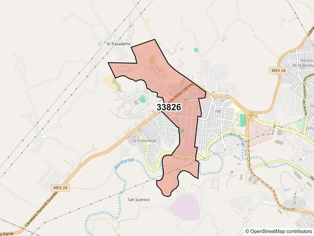 Mapa del código postal 33826, Hidalgo del Parral, Chihuahua