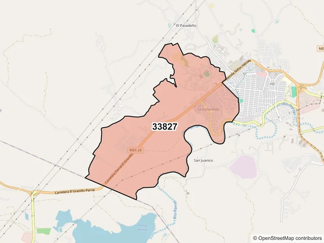 Mapa del código postal 33827, Hidalgo del Parral, Chihuahua