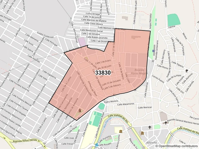 Mapa del código postal 33830, Hidalgo del Parral, Chihuahua