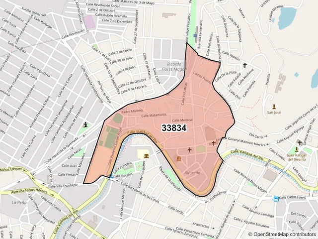 Mapa del código postal 33834, Hidalgo del Parral, Chihuahua