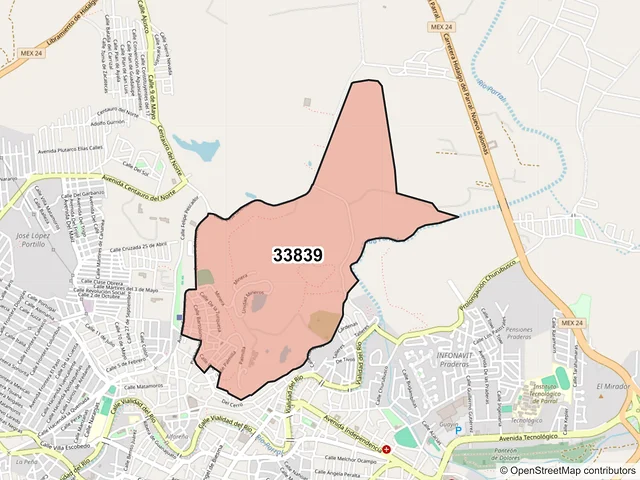 Mapa del código postal 33839, Hidalgo del Parral, Chihuahua