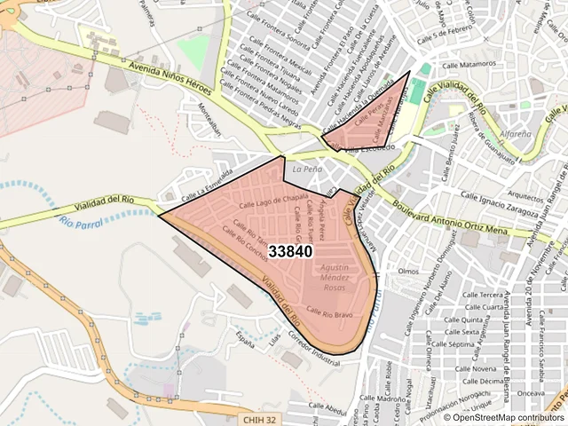 Mapa del código postal 33840, Hidalgo del Parral, Chihuahua