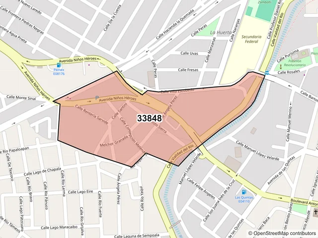Mapa del código postal 33848, Hidalgo del Parral, Chihuahua