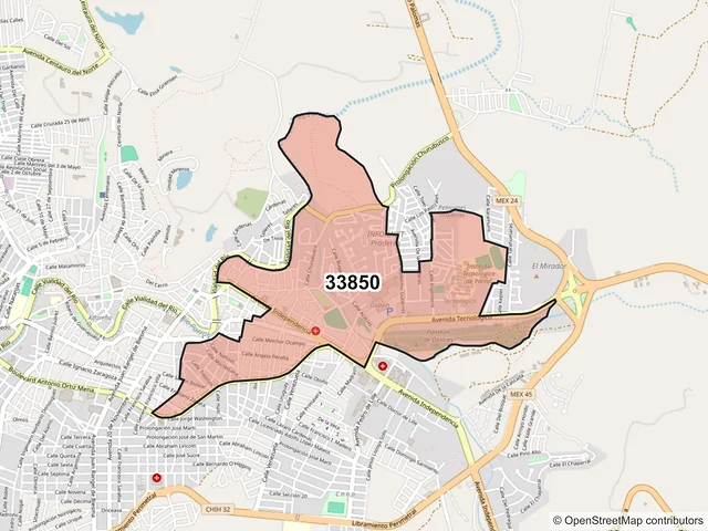 Mapa del código postal 33850, Hidalgo del Parral, Chihuahua
