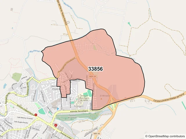 Mapa del código postal 33856, Hidalgo del Parral, Chihuahua