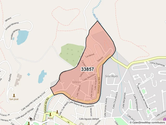 Mapa del código postal 33857, Hidalgo del Parral, Chihuahua