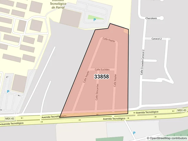 Mapa del código postal 33858, Hidalgo del Parral, Chihuahua