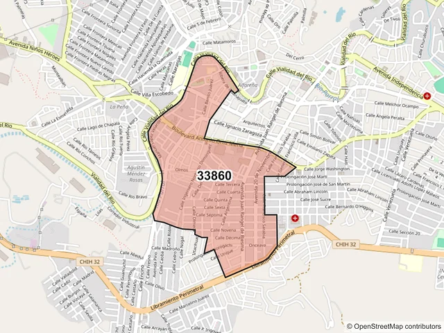 Mapa del código postal 33860, Hidalgo del Parral, Chihuahua