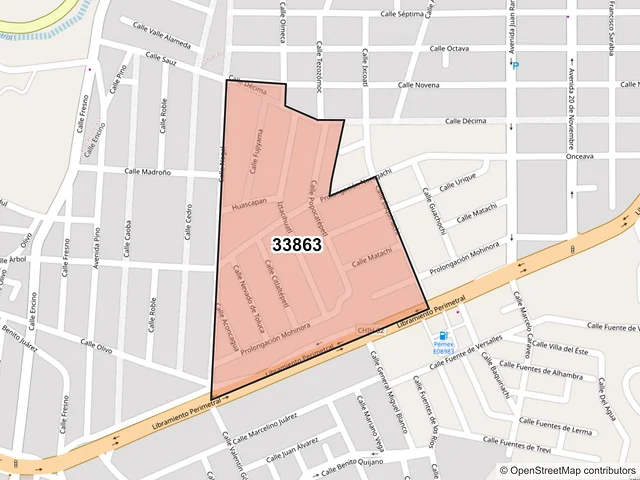 Mapa del código postal 33863, Hidalgo del Parral, Chihuahua